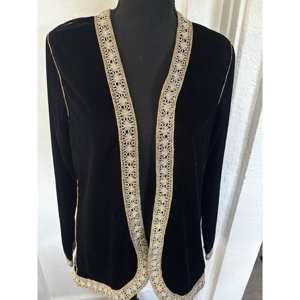 Vintage Handmade Velvet Bolero Cardigan with gold metallic lace trim, Black Goth